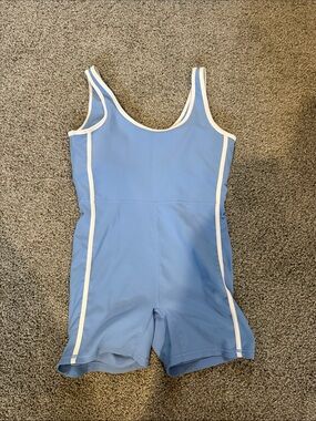 Blue Scoop Neck Active Bodysuit with White Trim
